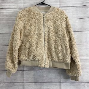 COMPANIA FANTASTICA Cream Faux Fur Bomber Jacket, Side Pockets  - Size Large